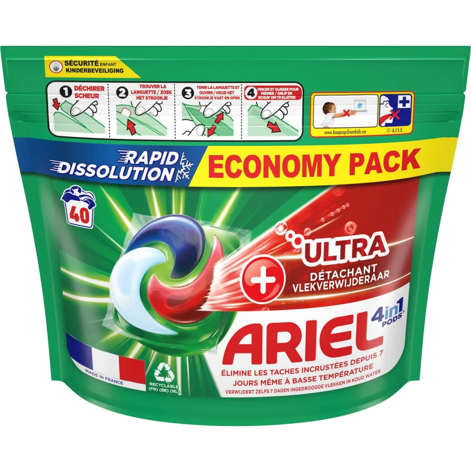Ariel Pods+ Vloeibaar Wasmiddelcapsules + Ultra Vlekverwijderaar - 3 X 40 Wasbeurten - 120 Wasbeurten